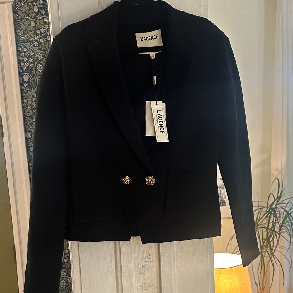 L’Agence Sofía cotton blend cardigan blazer black with gold rose buttons